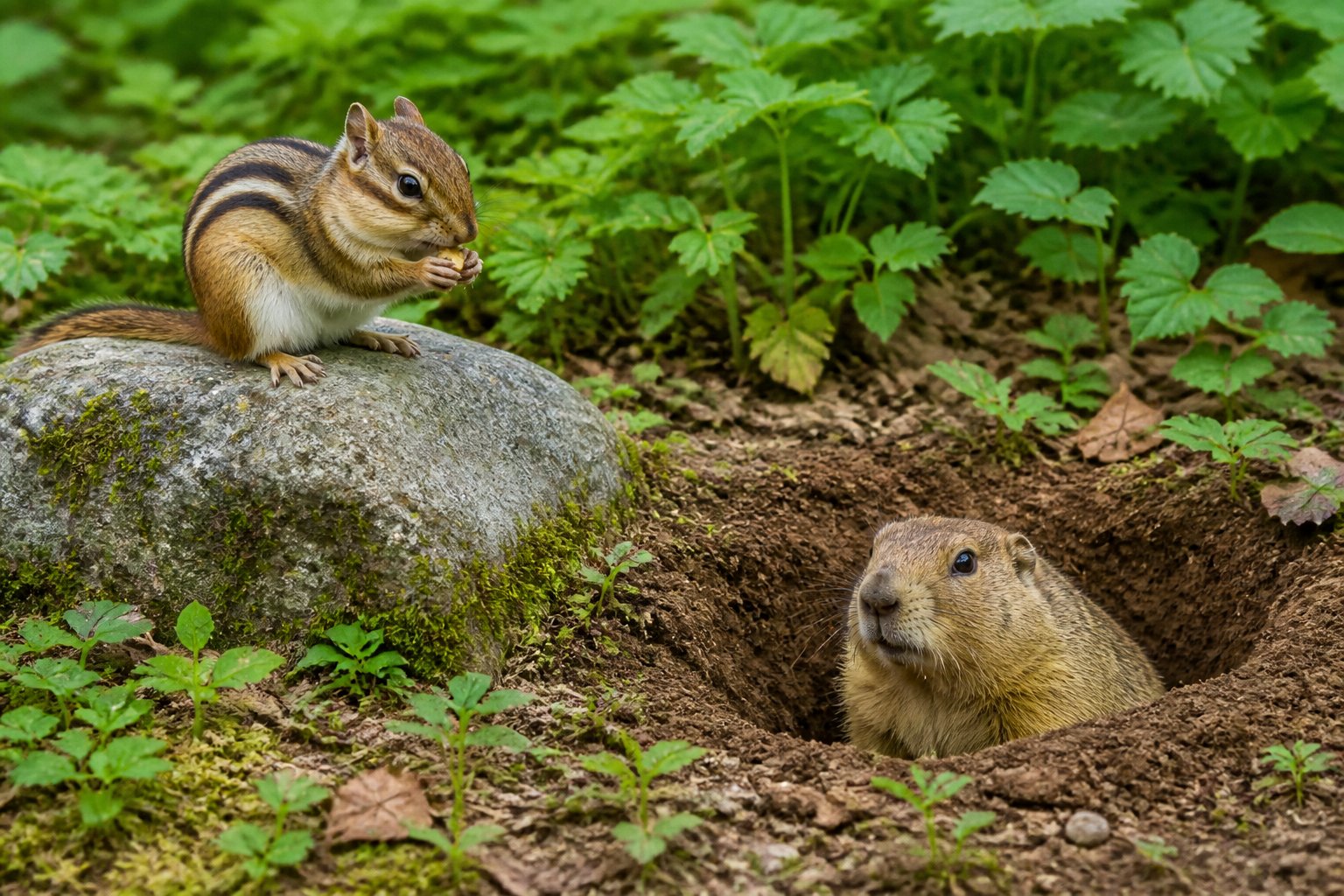 A chipmunk sitting on a rock and a gopher emerging from its burrow on a forest floor with green plants and soil.