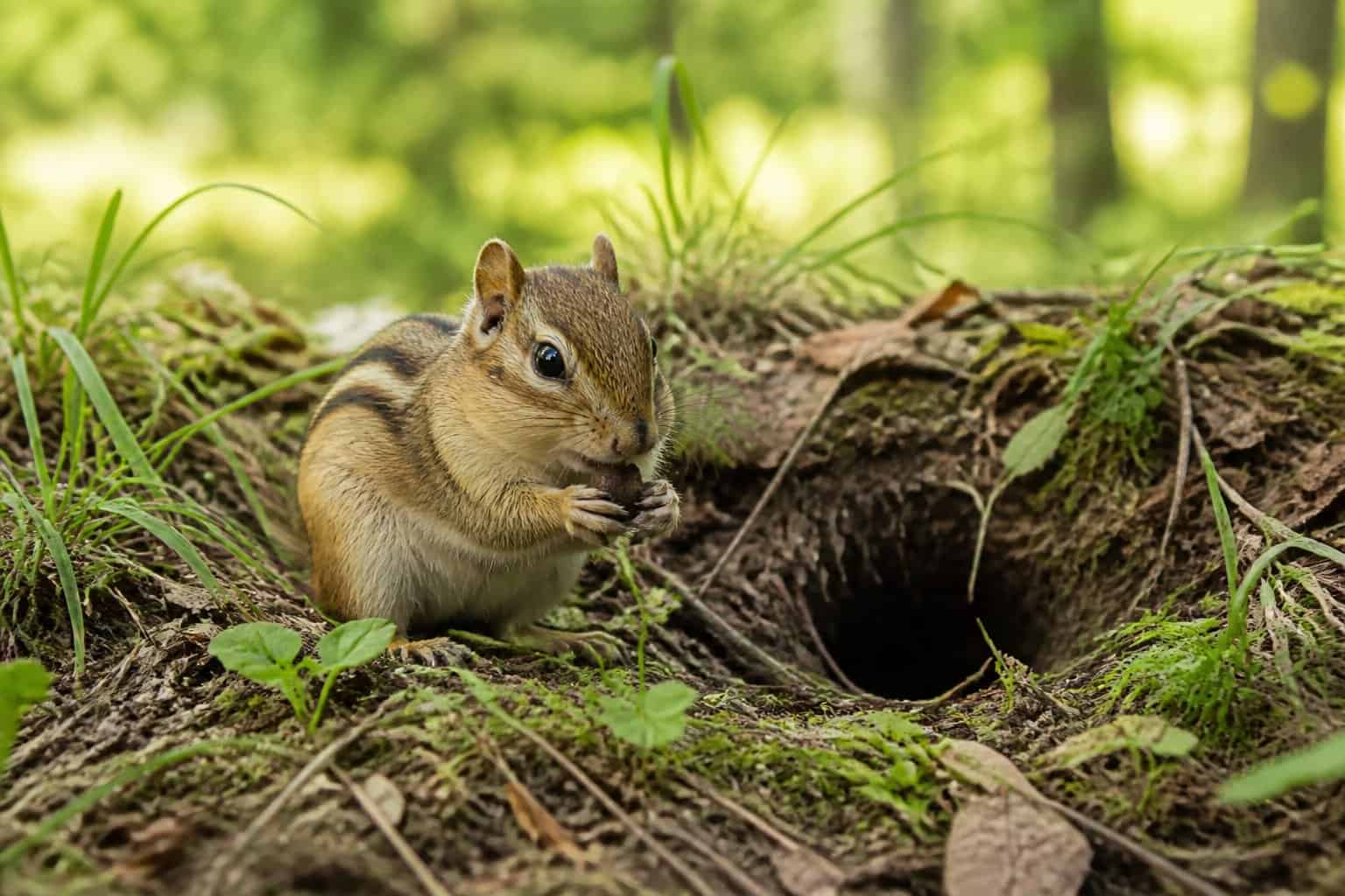 A chipmunk near the entrance of its burrow in a forest setting, holding a small nut among grass and leaves.