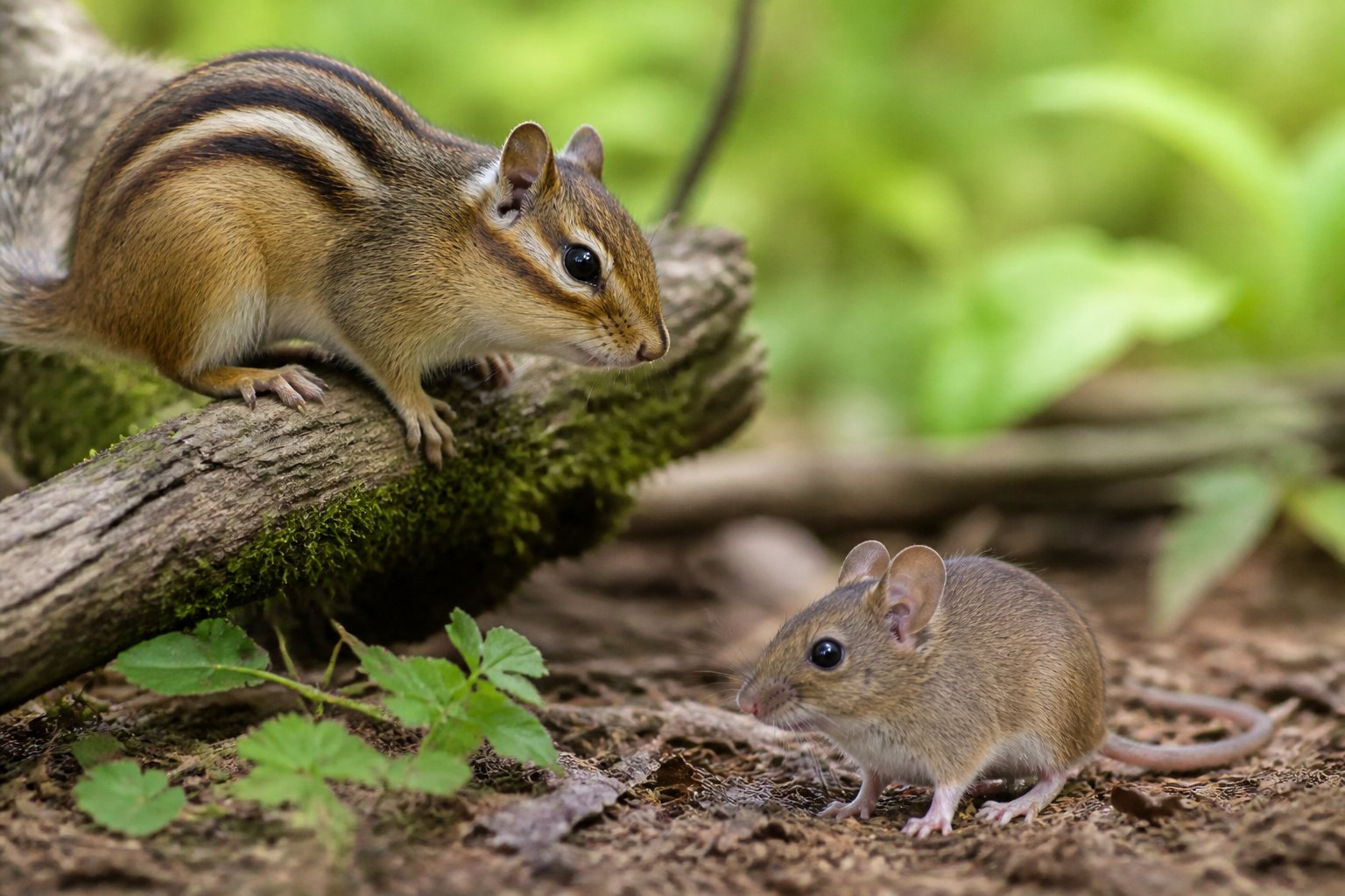 A chipmunk on a tree branch and a mouse on the forest floor in a natural woodland setting.