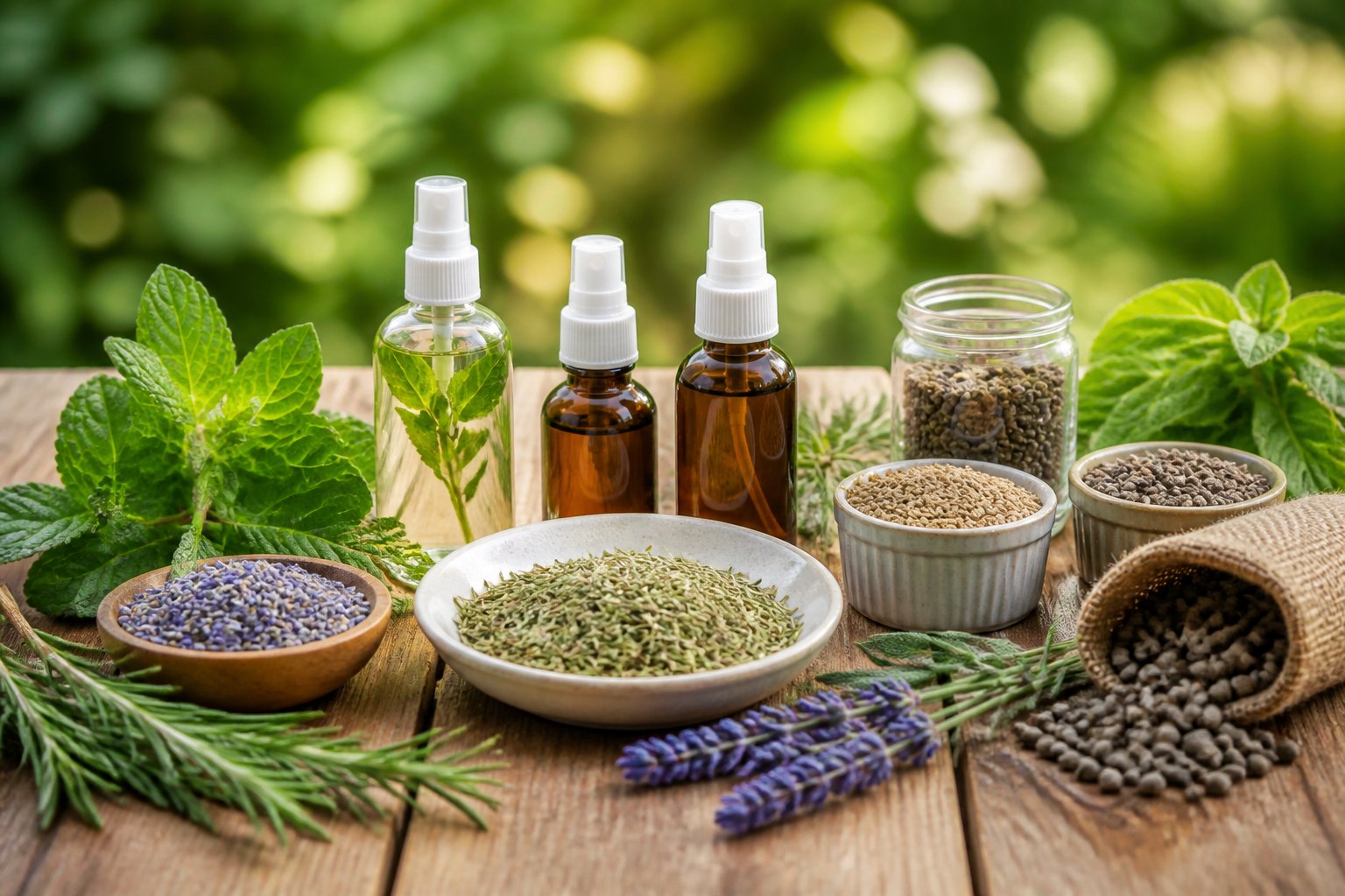 Various natural and commercial chipmunk repellents arranged on a wooden table with greenery in the background.