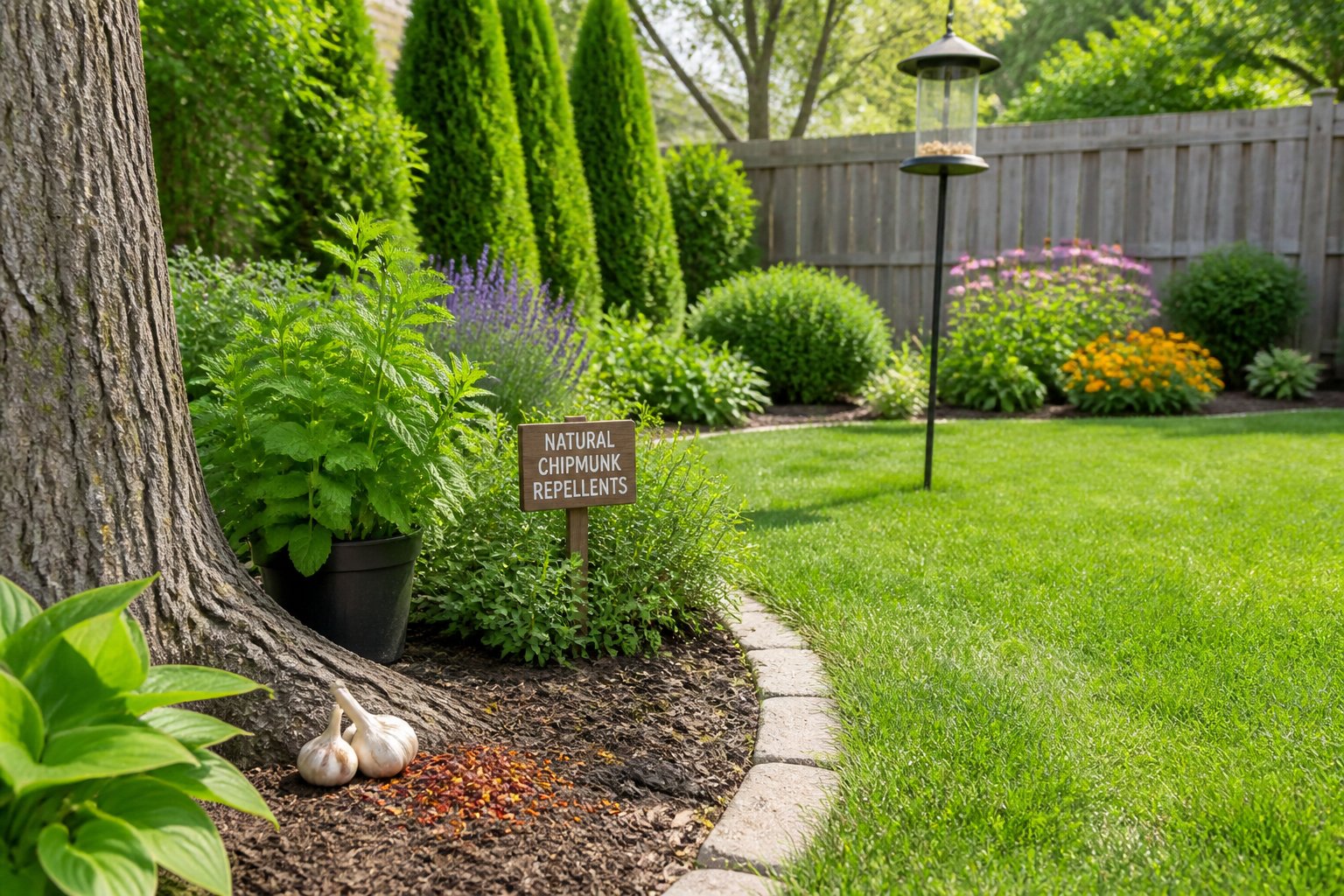A clean suburban backyard with plants and natural materials placed to repel chipmunks, featuring a lawn, shrubs, and a wooden fence.