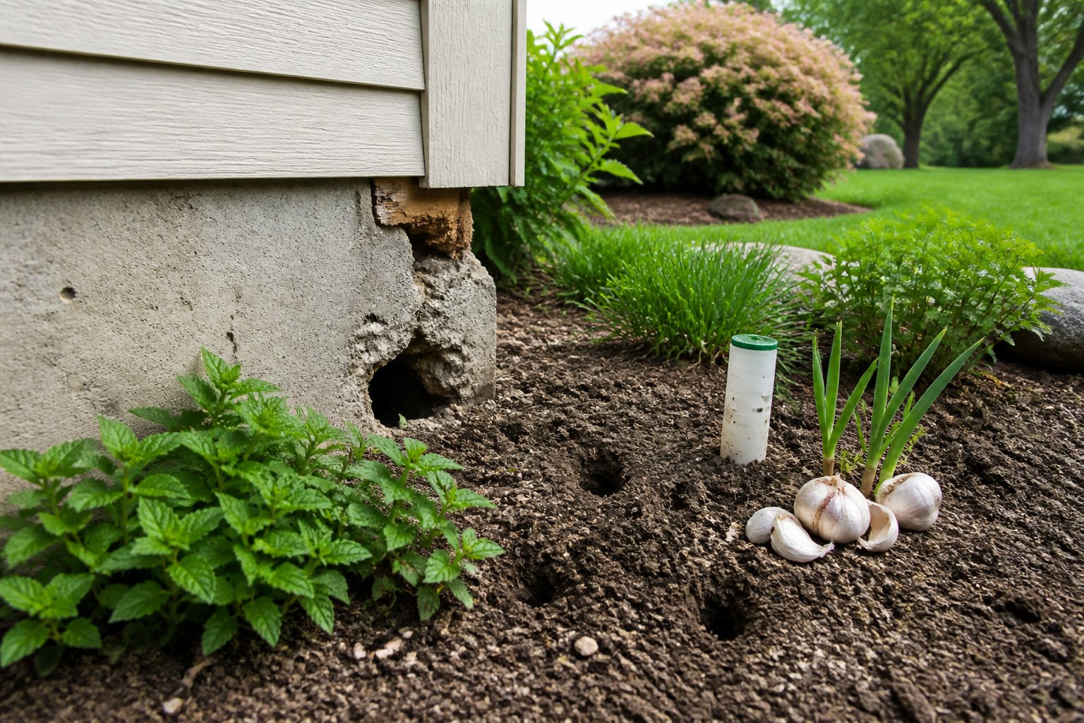 A house foundation and garden area with small burrows and soil disturbance, showing natural chipmunk deterrents like peppermint plants and garlic bulbs nearby.