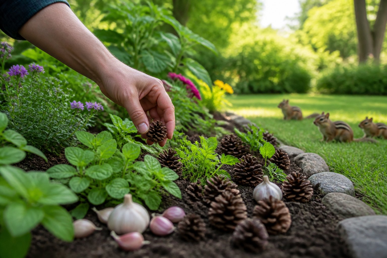 A person placing natural deterrents like pine cones and peppermint leaves around a garden bed while chipmunks watch from a distance.