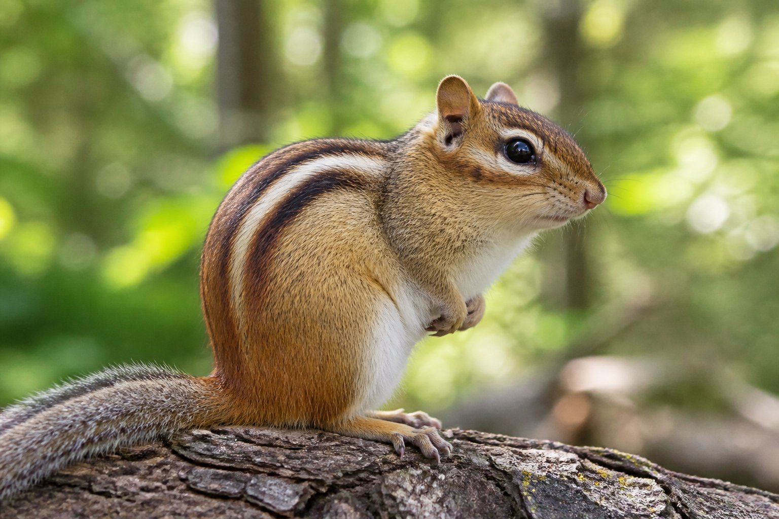 Close-up of a chipmunk sitting on a branch in a forest with green leaves in the background.