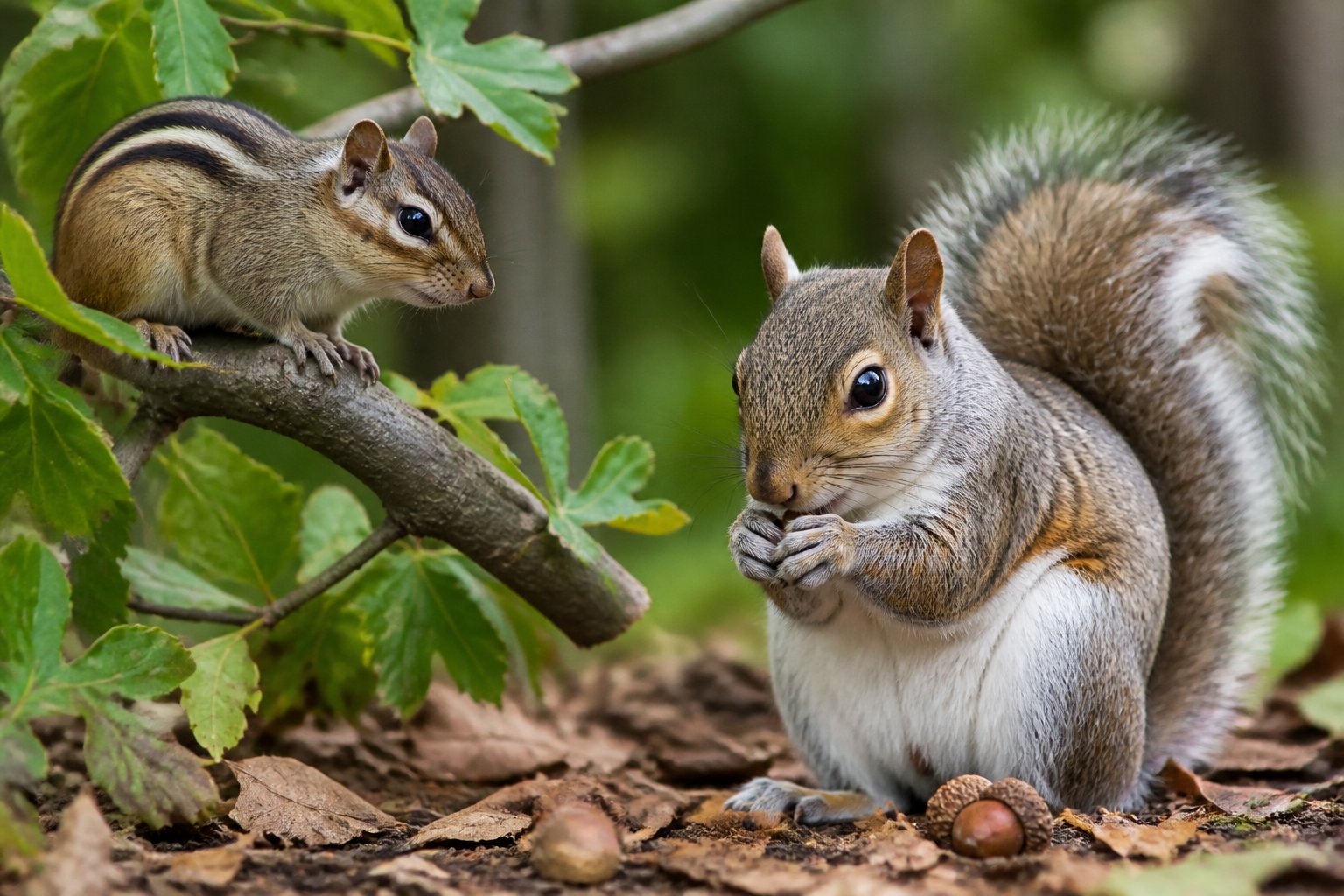 A chipmunk and a squirrel sitting side by side outdoors among trees and leaves.