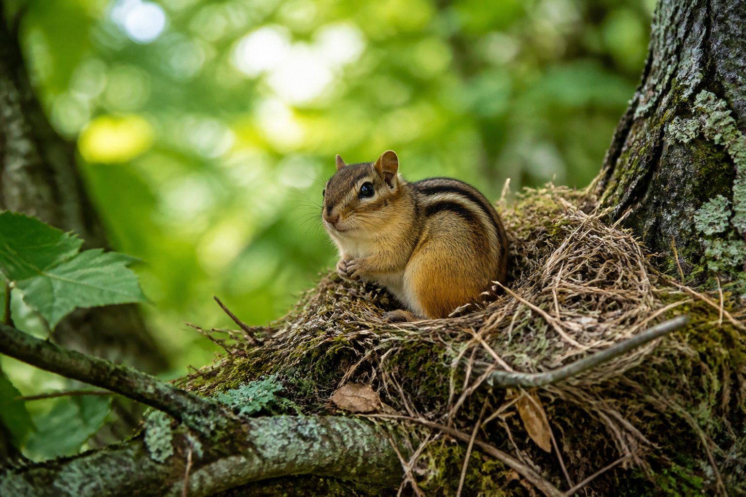 A chipmunk or squirrel sitting near its nest in a green forest setting.