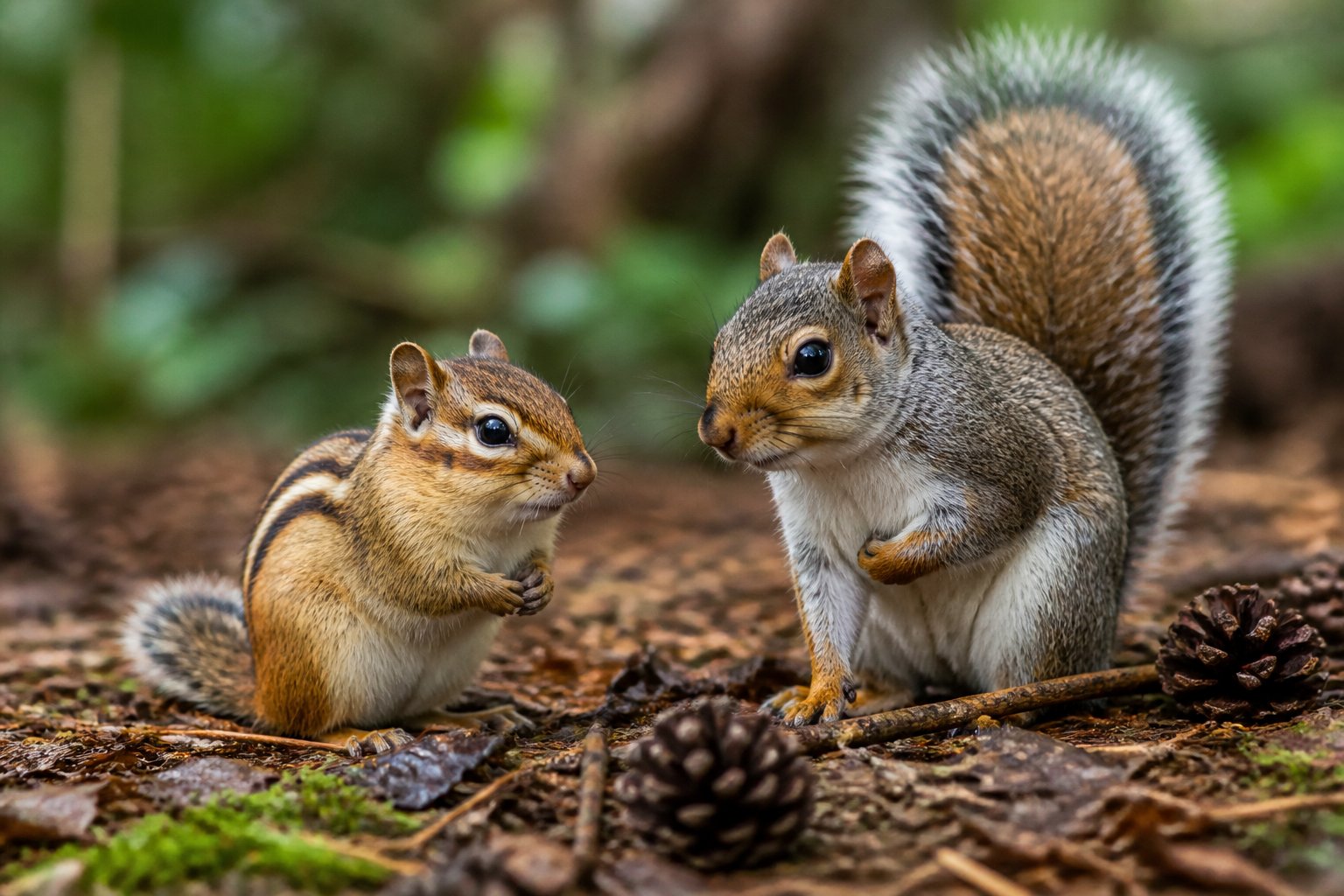 A chipmunk and a squirrel sitting side by side on the forest floor surrounded by leaves and twigs.