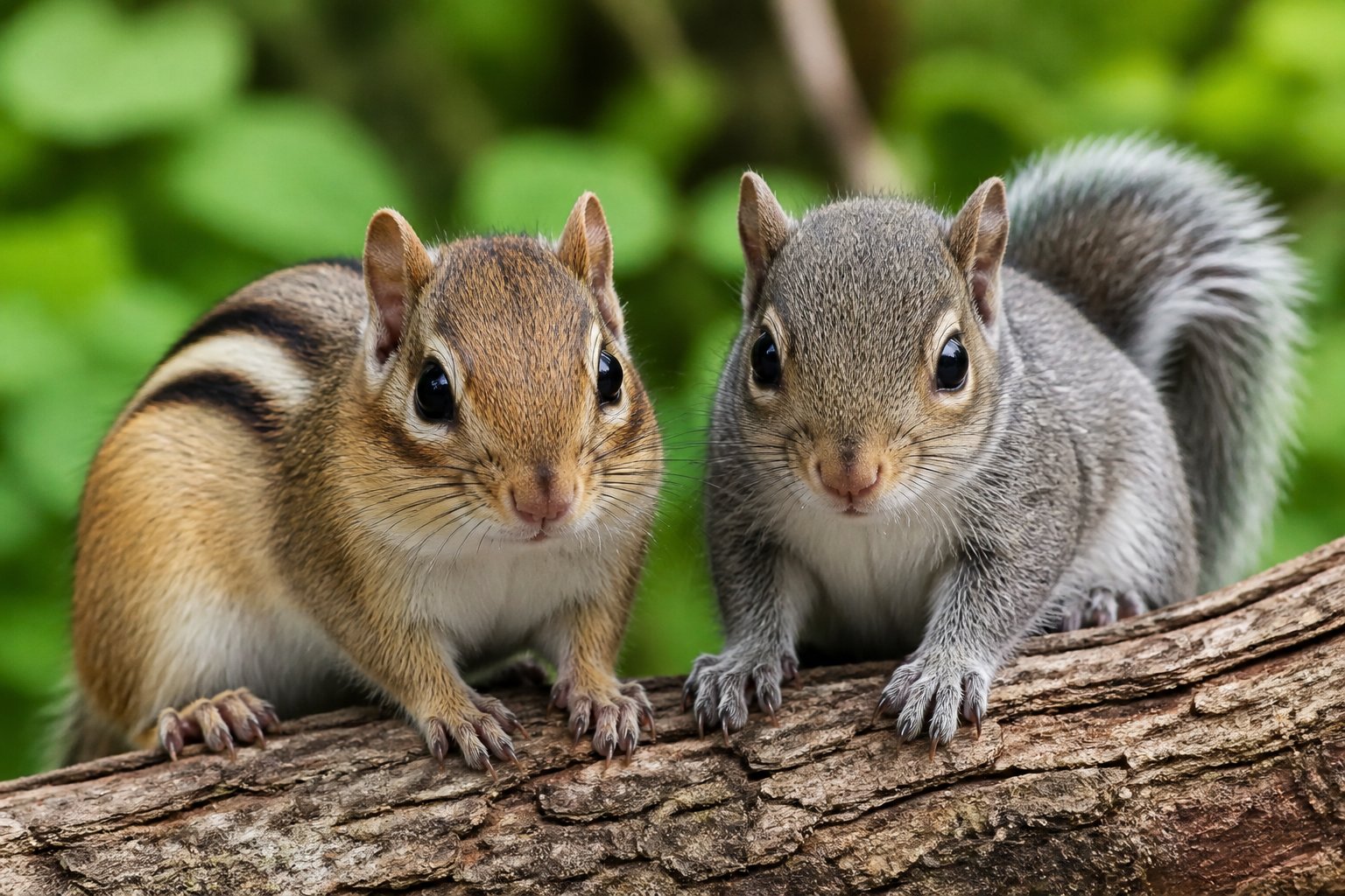 A chipmunk and a baby squirrel sitting side by side on a tree branch outdoors.