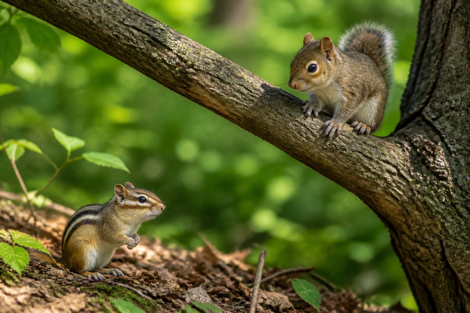 A chipmunk on the forest floor and a baby squirrel on a tree branch in a natural outdoor setting.