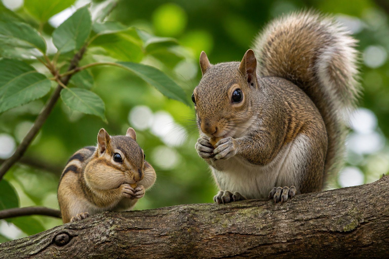 A chipmunk and a squirrel sitting on tree branches outdoors, showing their size and fur differences.