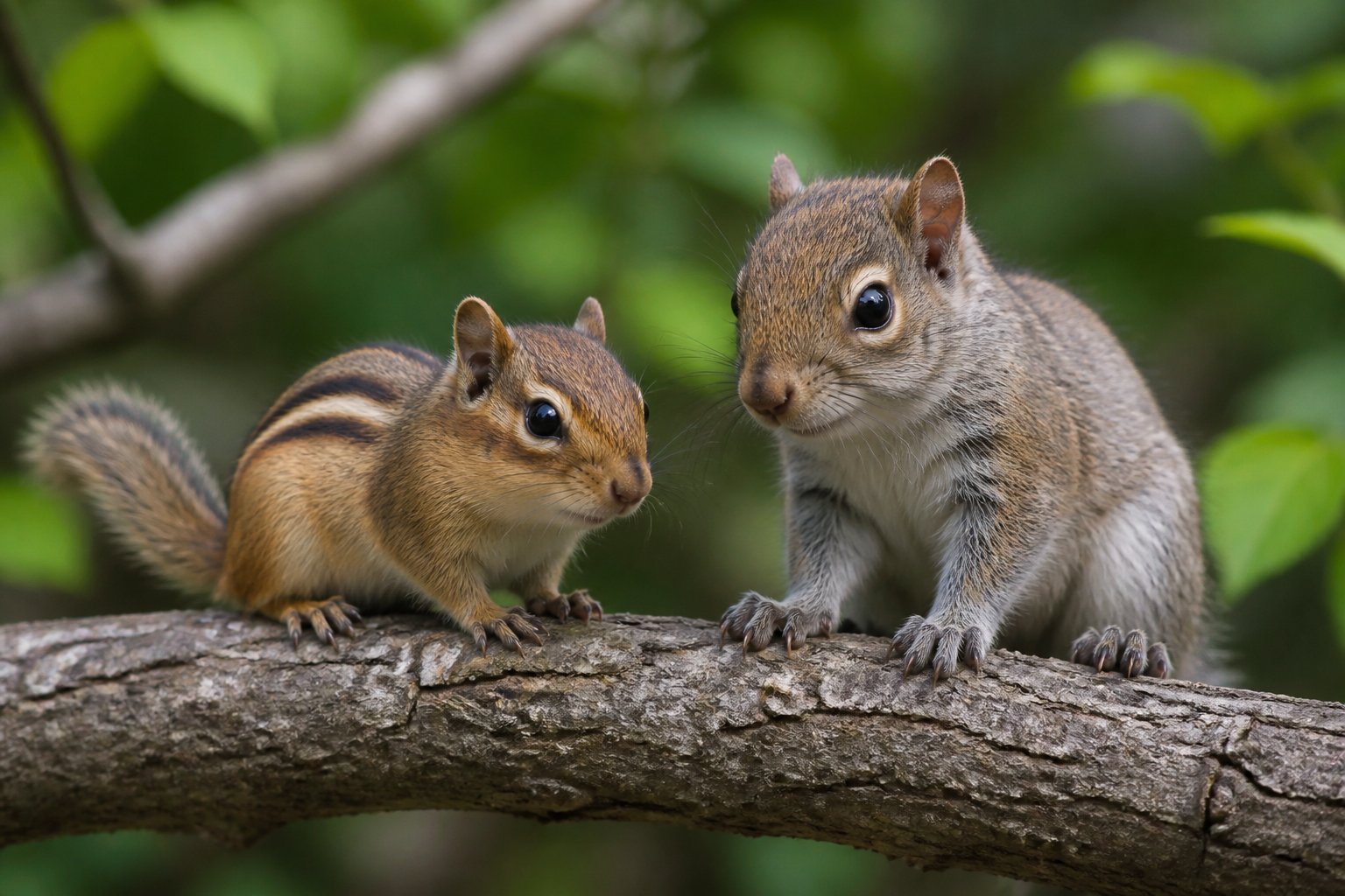 A chipmunk and a baby squirrel sitting side by side on a tree branch in a forest.