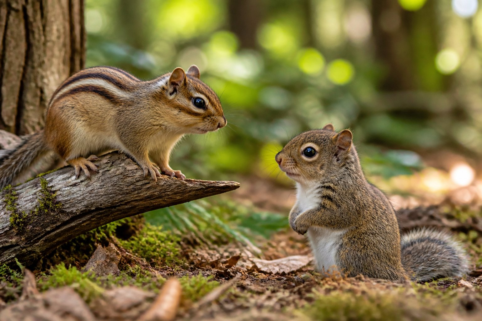A chipmunk on a tree branch and a baby squirrel on the ground in a forest setting.