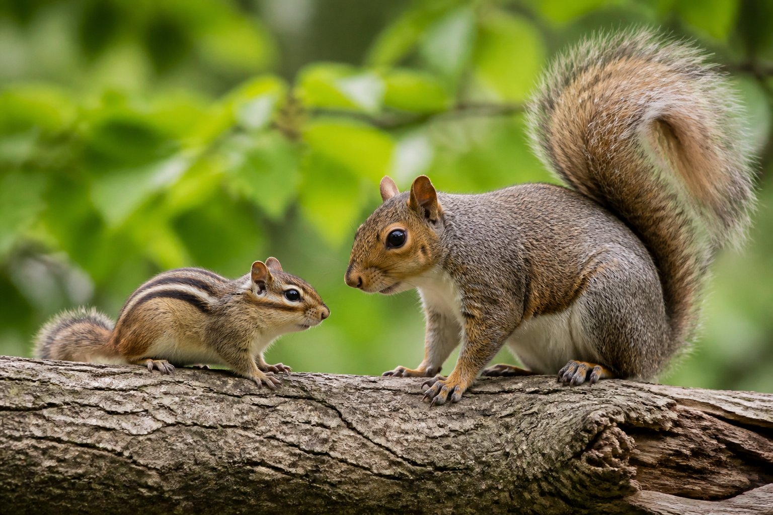 A chipmunk and a squirrel sitting side by side on a tree branch with green leaves in the background.