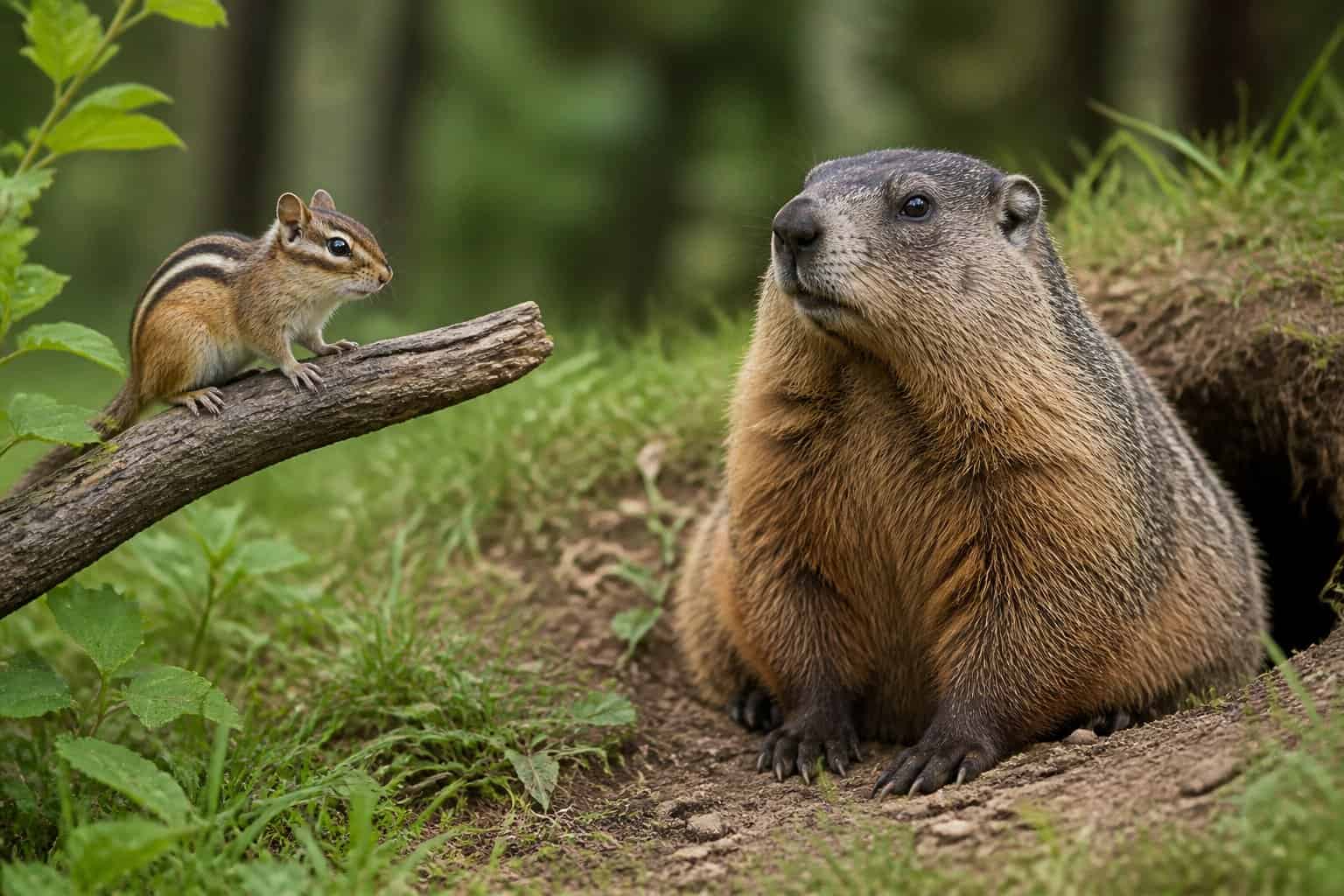 A chipmunk on a tree branch and a groundhog sitting on the ground near a burrow in a forest setting.