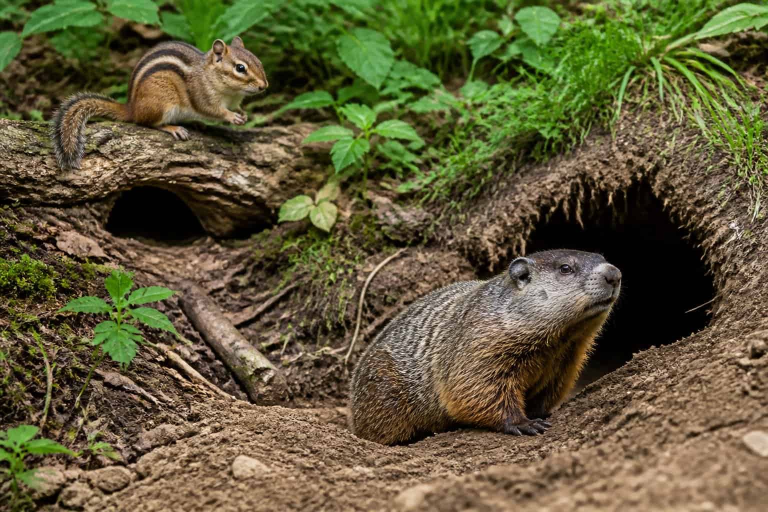A chipmunk on a tree branch near a small burrow and a groundhog near a larger burrow entrance on the forest floor.