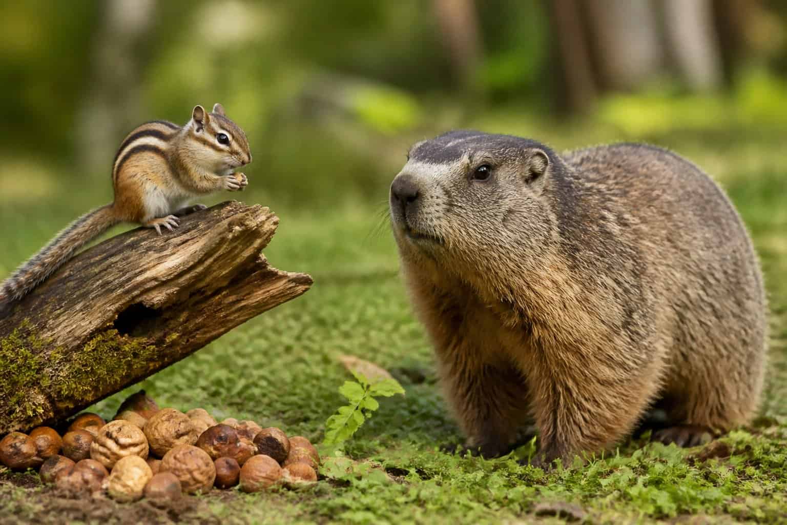 A chipmunk on a tree branch and a groundhog on the grass in a forest setting.