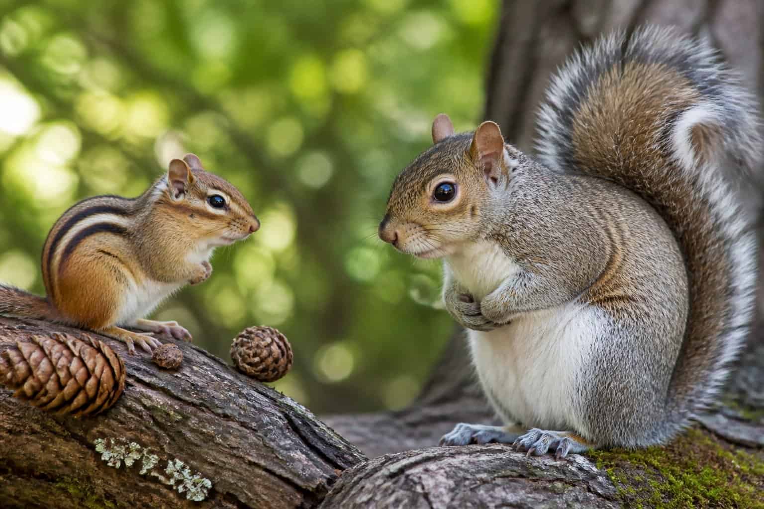 A chipmunk and a squirrel sitting on tree branches in a forest, showing their different sizes and fur patterns.