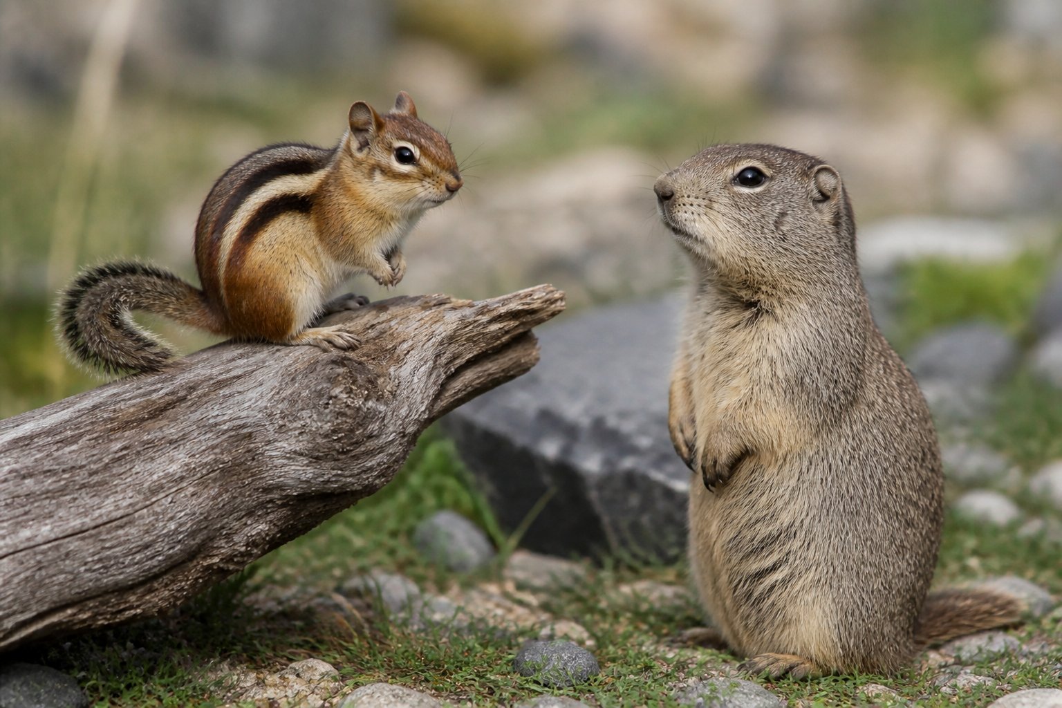 A chipmunk on a tree branch next to a ground squirrel standing on the ground in a natural outdoor setting.