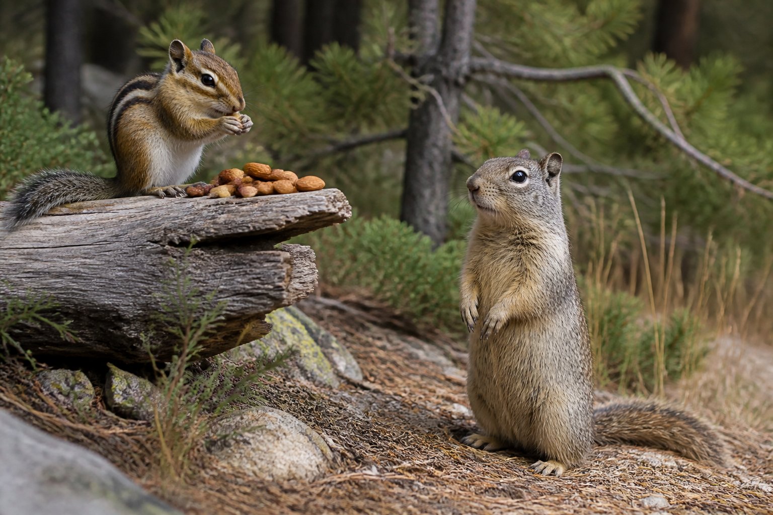 A chipmunk on a tree branch and a ground squirrel standing on the ground in a natural outdoor setting.