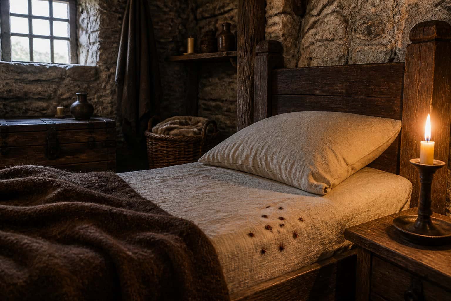 A medieval bedroom with a wooden bed, stone walls, and small bed bugs visible on the bed linens.