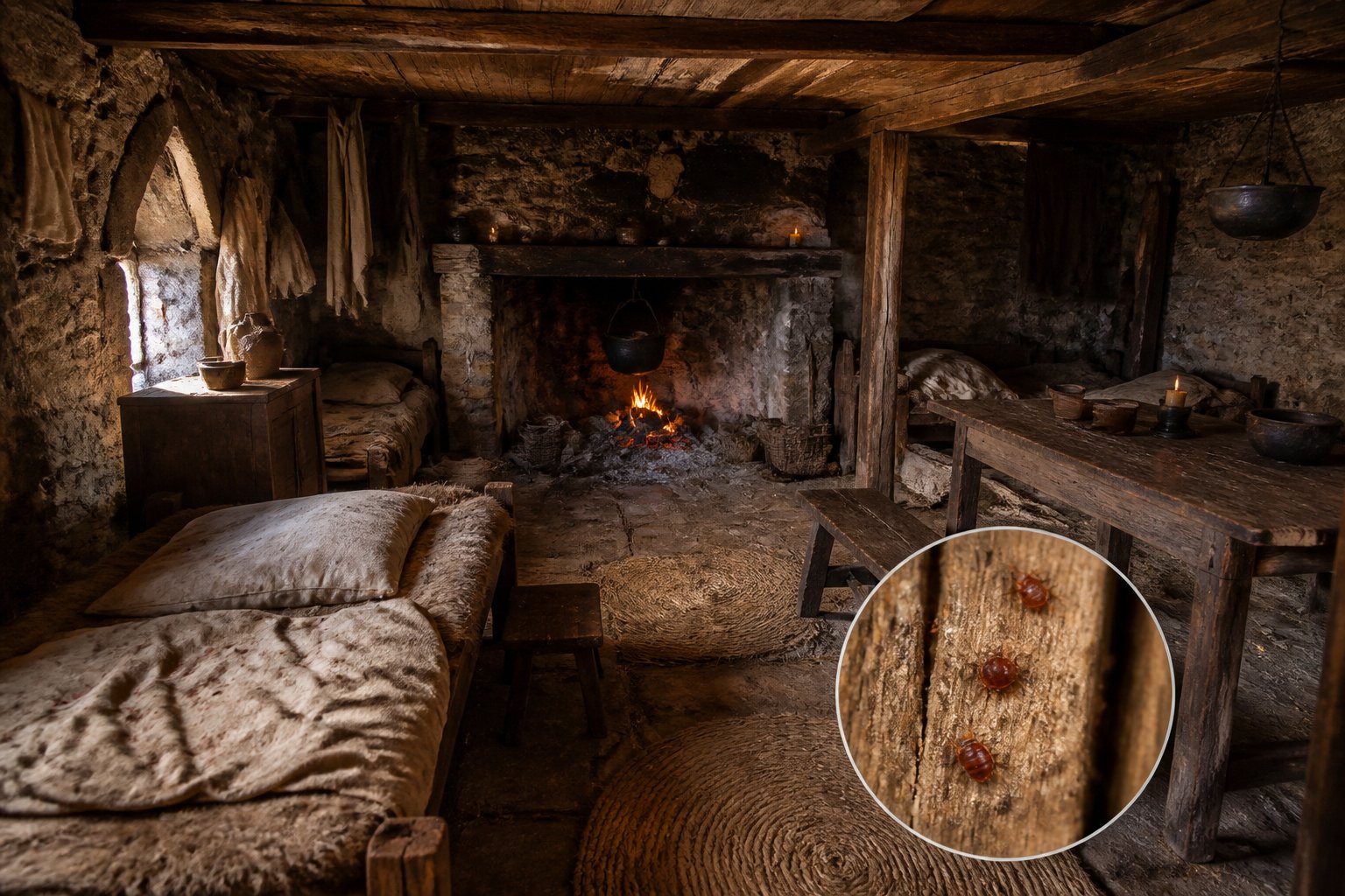 Interior of a medieval home or inn with wooden beams, stone walls, a hearth fire, and subtle signs of bed bug presence on bedding and wood.