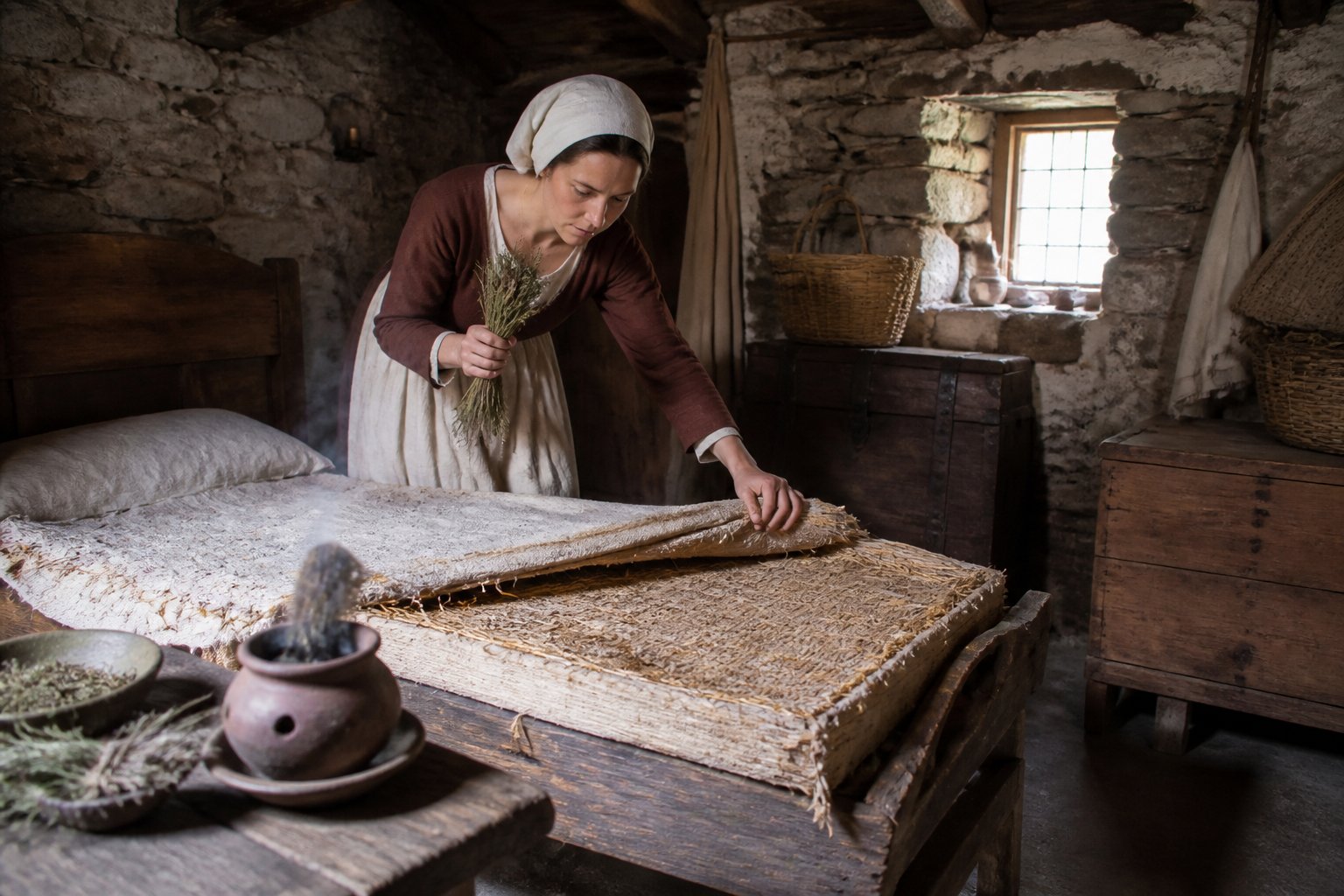 A person in medieval clothing inspecting a straw mattress in a rustic bedroom with stone walls and wooden beams, using herbs and smoke to get rid of bed bugs.