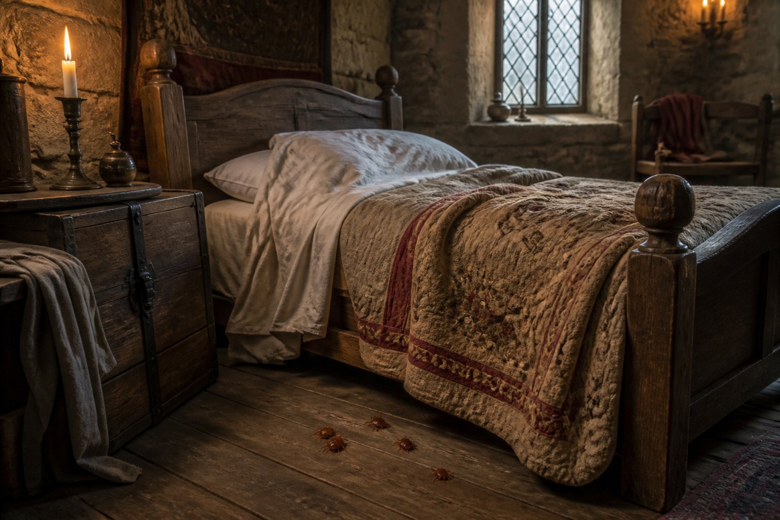 A medieval bedroom with a wooden bed, embroidered quilt, stone walls, and subtle illustrations of bed bugs near the bed.