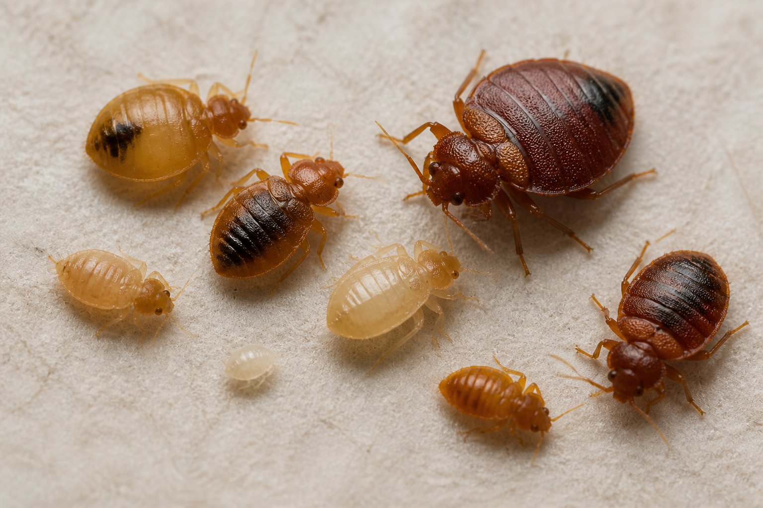 Close-up view of several bed bugs on a neutral surface showing their small, oval-shaped reddish-brown bodies and legs.