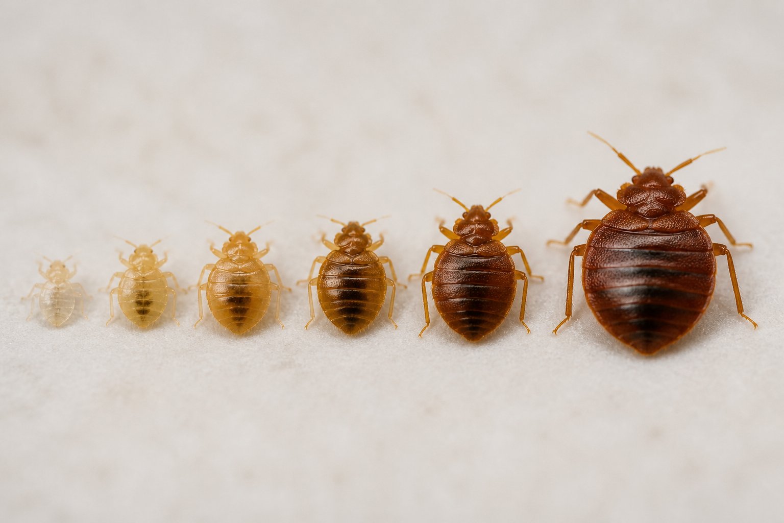 Close-up view of bed bugs showing different life stages from small translucent nymphs to a fully grown adult on a neutral background.