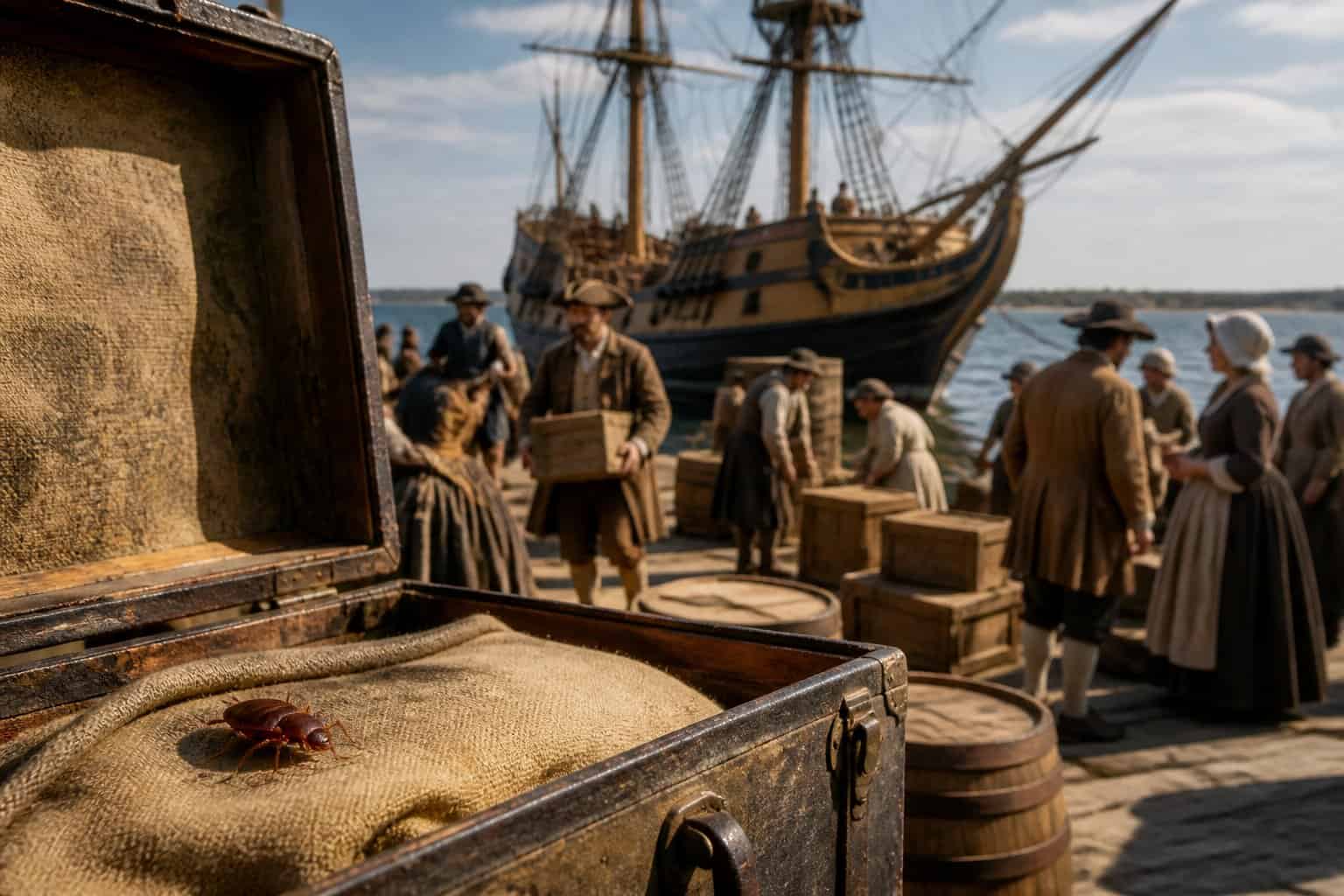 An old wooden sailing ship docked at a port with a vintage suitcase open showing a bed bug inside, with early settlers and sailors nearby.