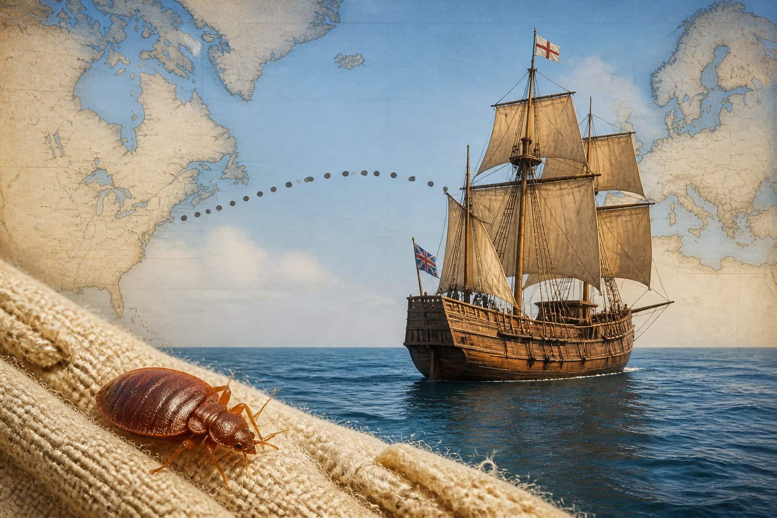 An old wooden ship sailing on the ocean with a close-up of a bed bug on vintage fabric and a faint map showing Europe and North America in the background.