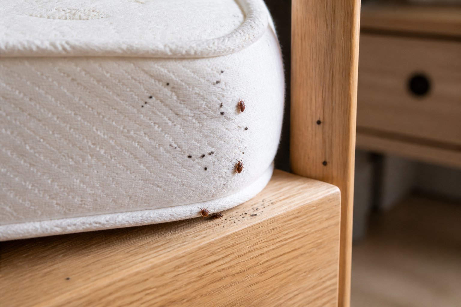 Close-up of a bed mattress corner and wooden furniture showing small dark spots and tiny reddish-brown insects on the fabric and wood.