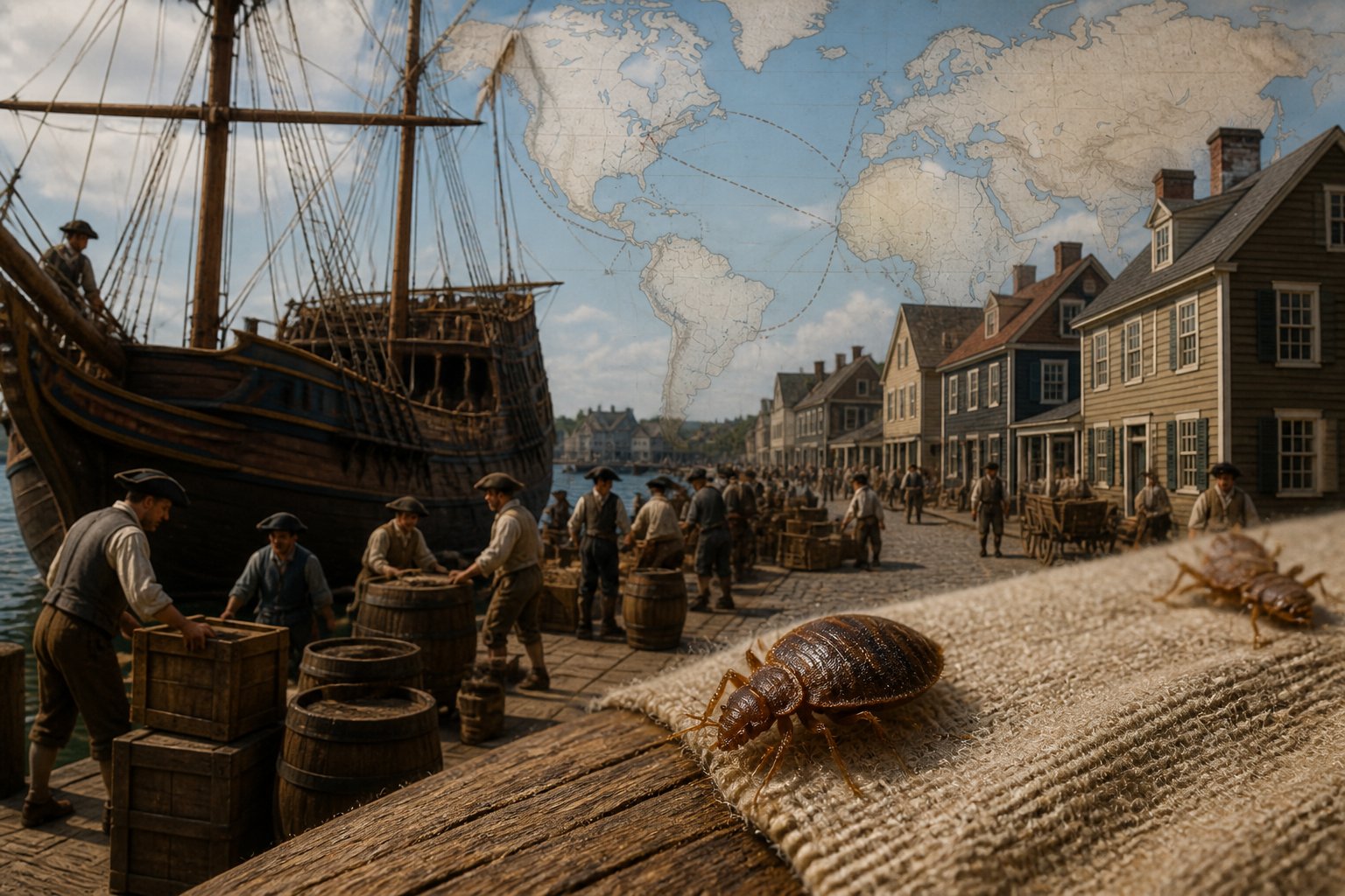 An old colonial ship docked at a port with workers unloading crates, a close-up of a bed bug on vintage fabric in the foreground, and a colonial town in the background.