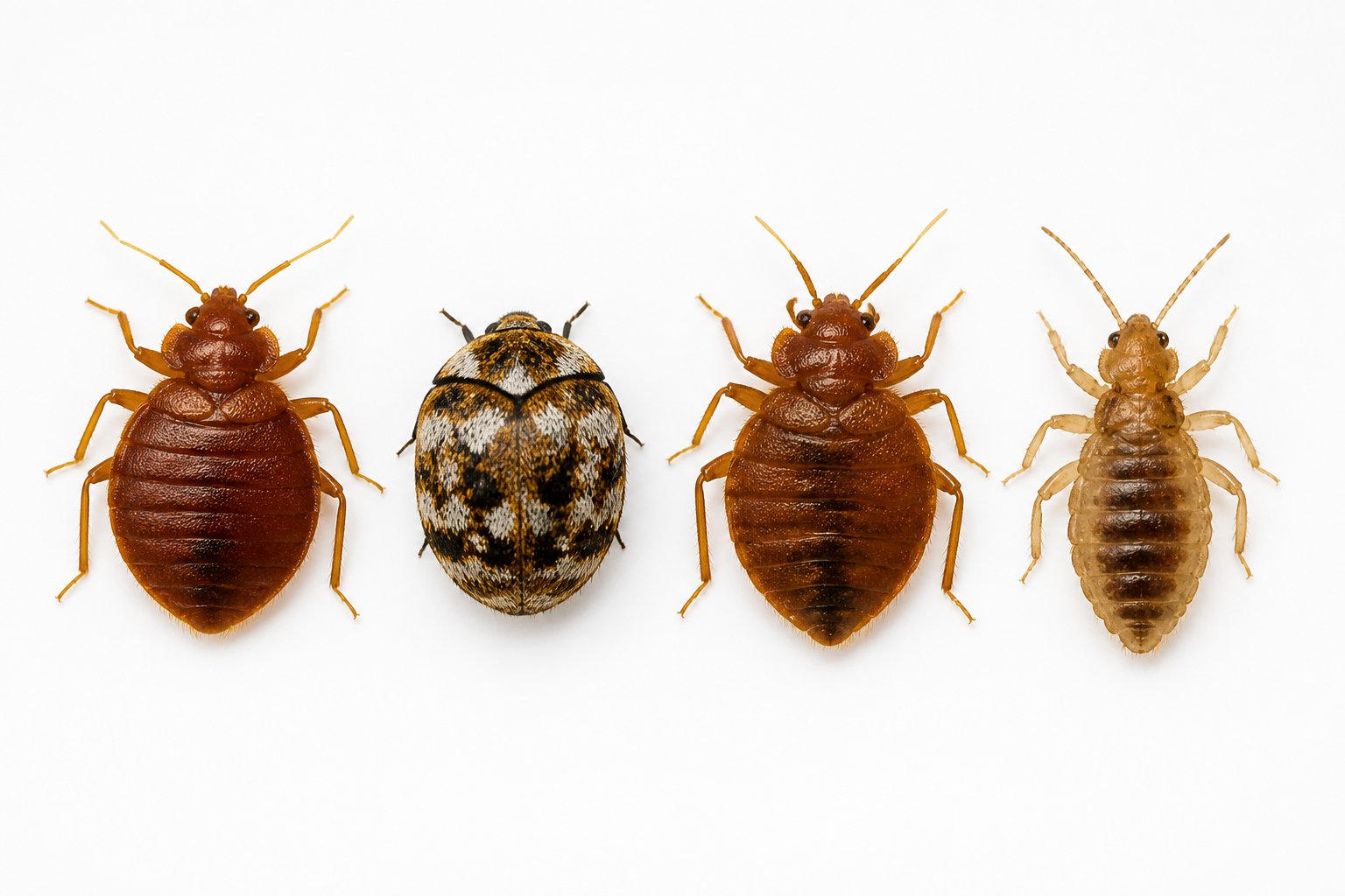 Close-up view of a bed bug next to similar insects like carpet beetles and bat bugs on a white background for comparison.