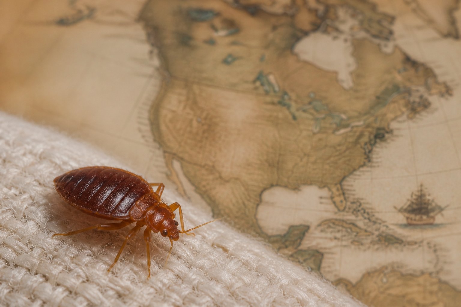 Close-up of a bed bug on fabric with a vintage map of America softly blurred in the background.