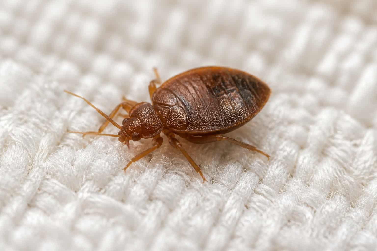Close-up of a bed bug resting on mattress fabric.