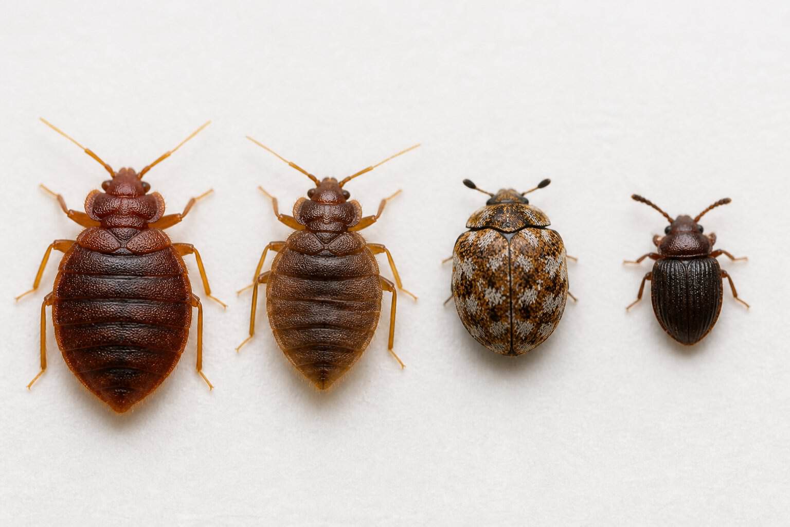 Close-up view of a bed bug next to similar insects on a light background for comparison.