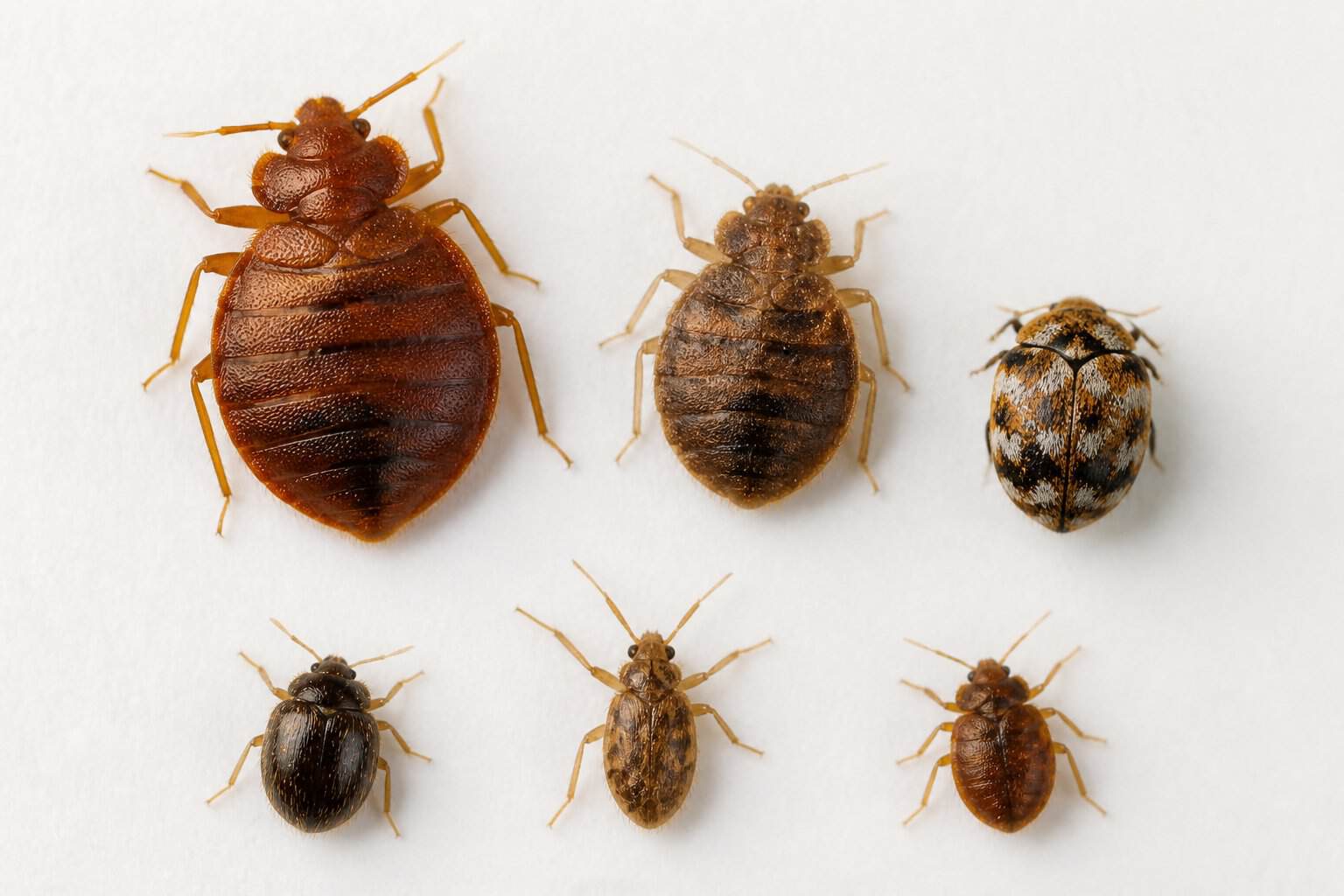 Close-up image of a bed bug next to several similar-looking insects on a light background for comparison.