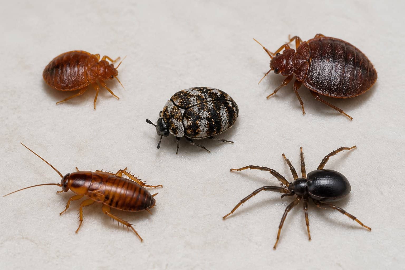 Close-up of various indoor insects similar to bed bugs displayed separately on a light surface.