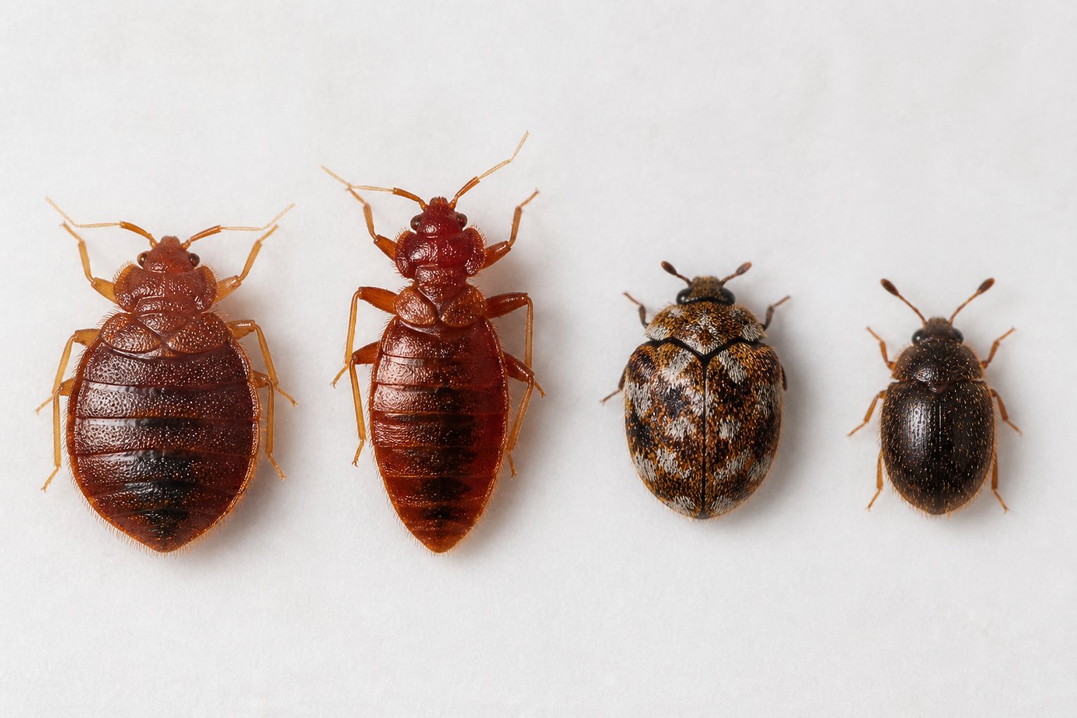 Close-up view of bed bugs and similar outdoor insects arranged side by side on a plain background.