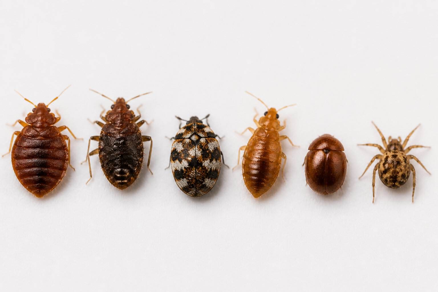 Close-up view of several insects similar to bed bugs arranged side by side on a plain background.