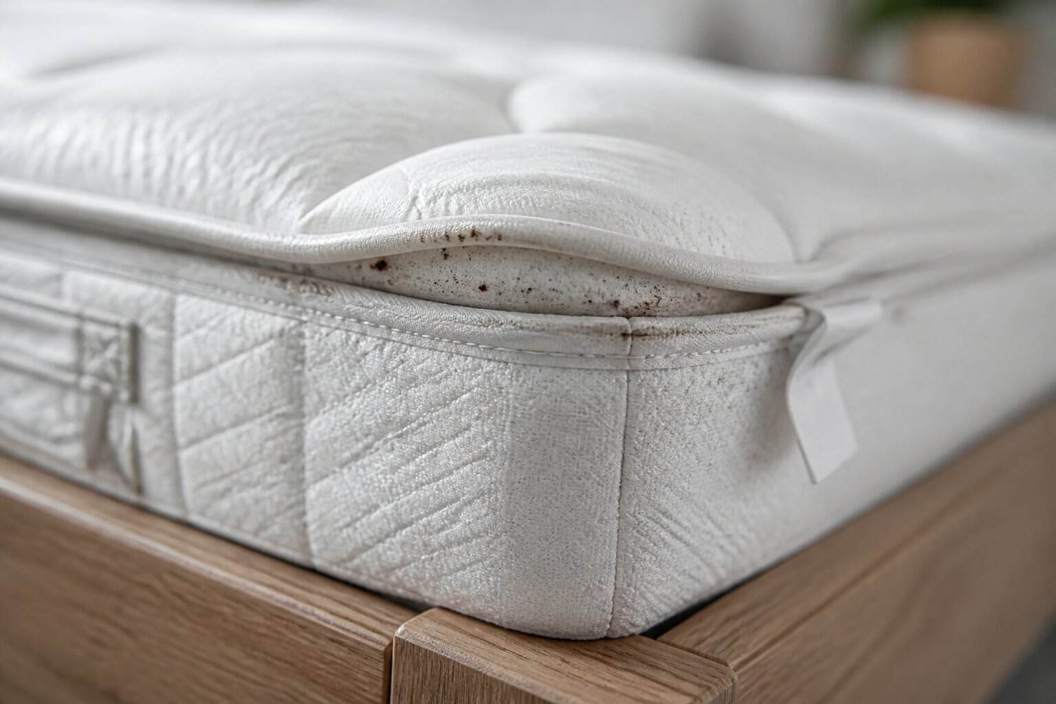 Close-up of a mattress corner showing fabric seams and crevices where bed bugs hide.