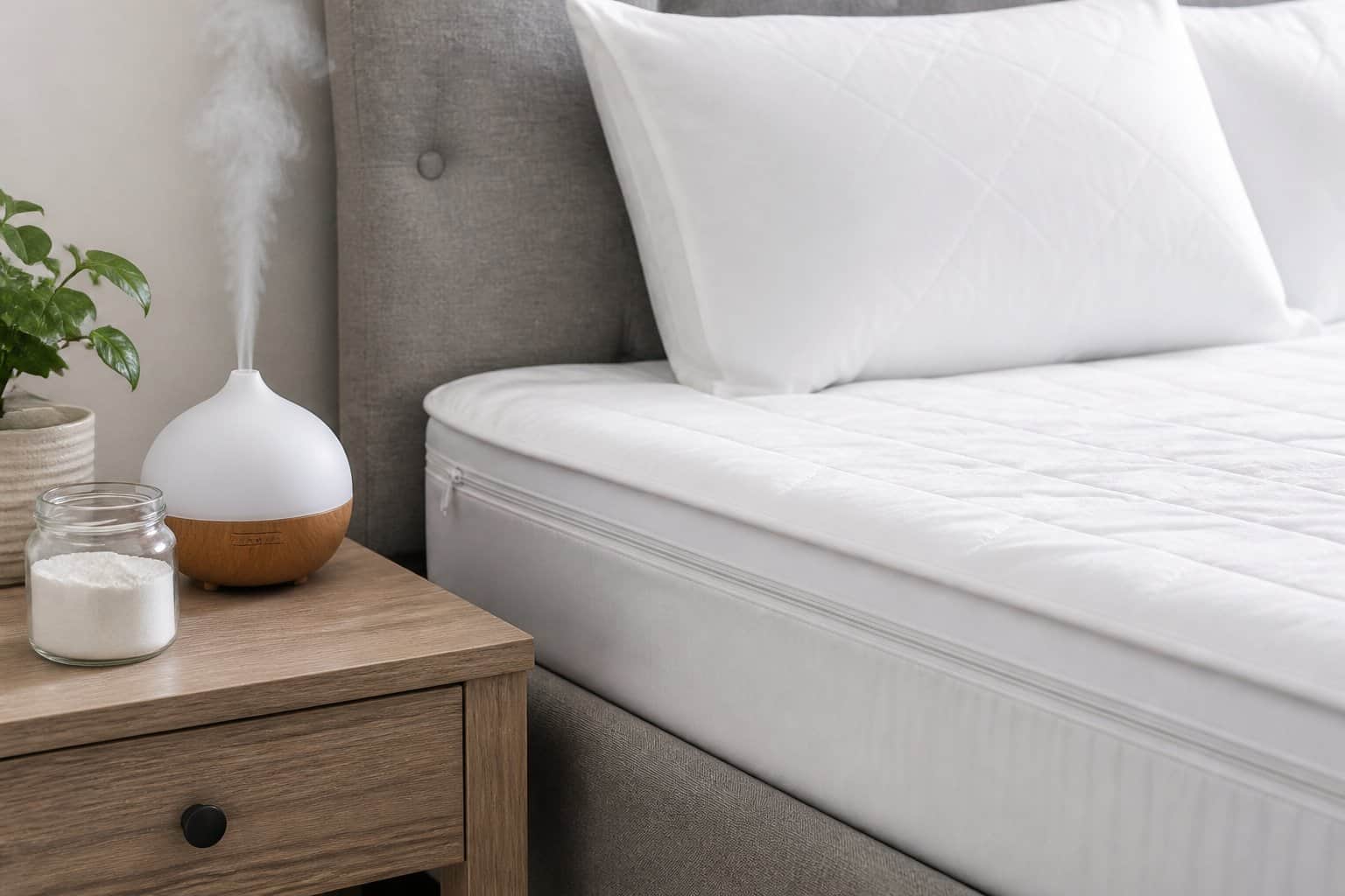 A clean bedroom with a made bed, an essential oil diffuser, and a jar of powder on a bedside table.