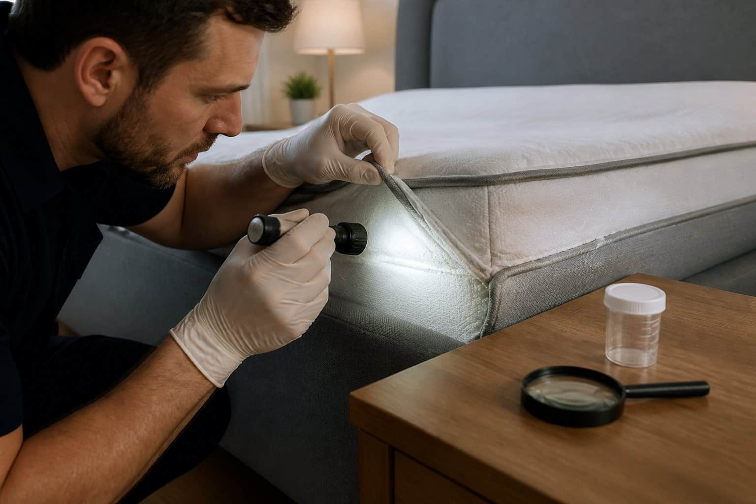 Person inspecting a mattress seam with a flashlight in a bedroom, looking for bed bugs.