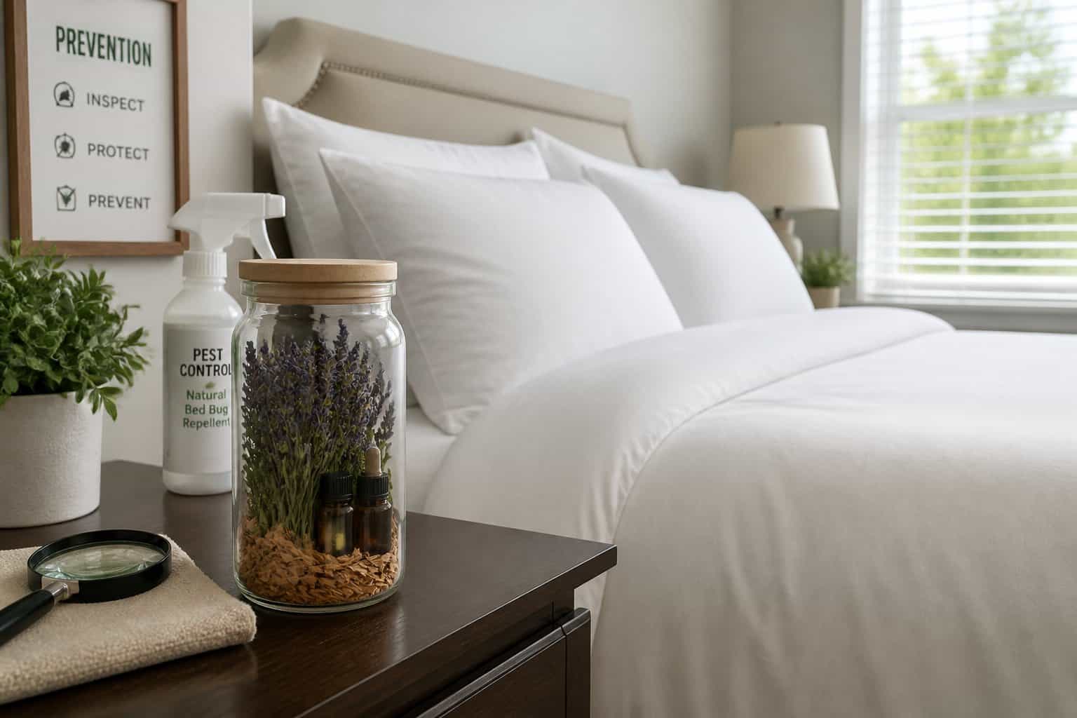 A clean bedroom with a neatly made bed and a bedside table holding natural repellents like lavender and cedarwood in a glass jar.