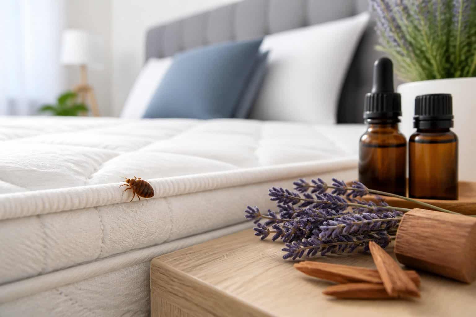 Close-up of a bed bug on a mattress with lavender flowers, cedar wood, and essential oil bottles nearby on a bedside table.