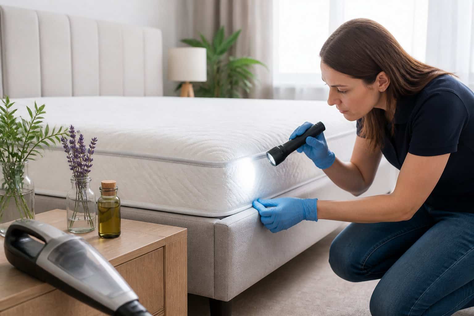 A person inspecting a mattress with a flashlight in a clean bedroom, with essential oils and a vacuum cleaner nearby.