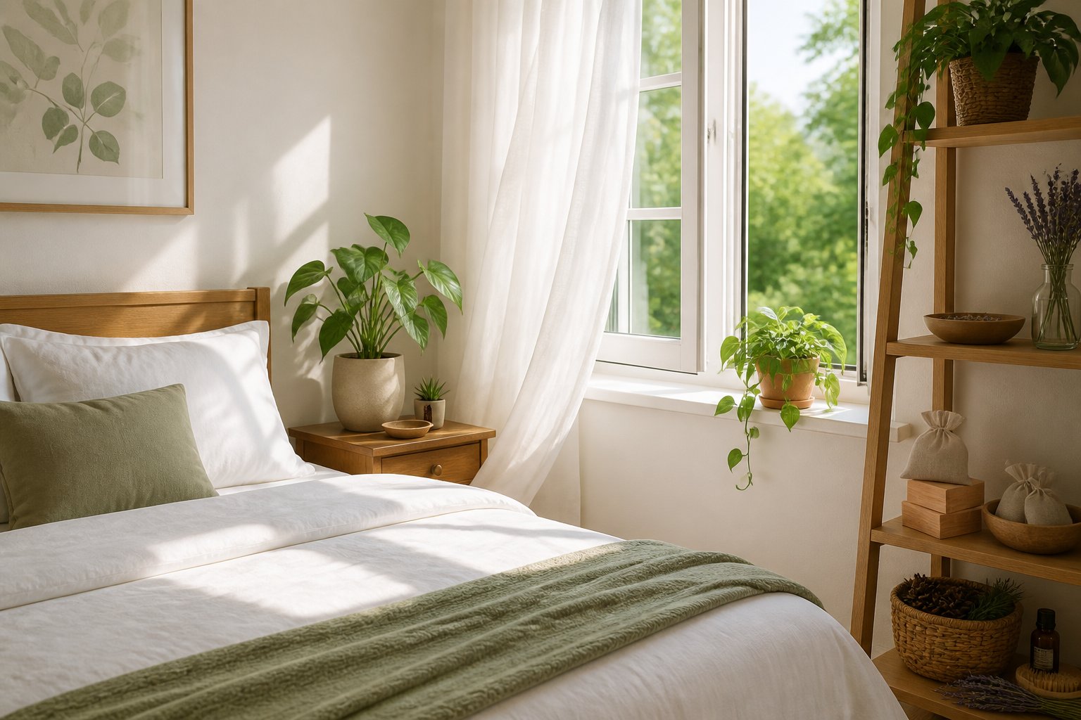 A bright bedroom with a neatly made bed, green plants, and natural remedies on a shelf near an open window.
