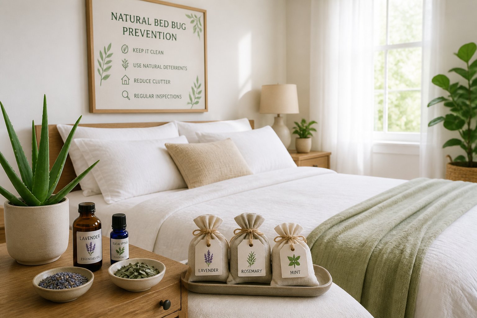 A tidy bedroom with natural plants and herbal sachets placed to prevent bed bugs.