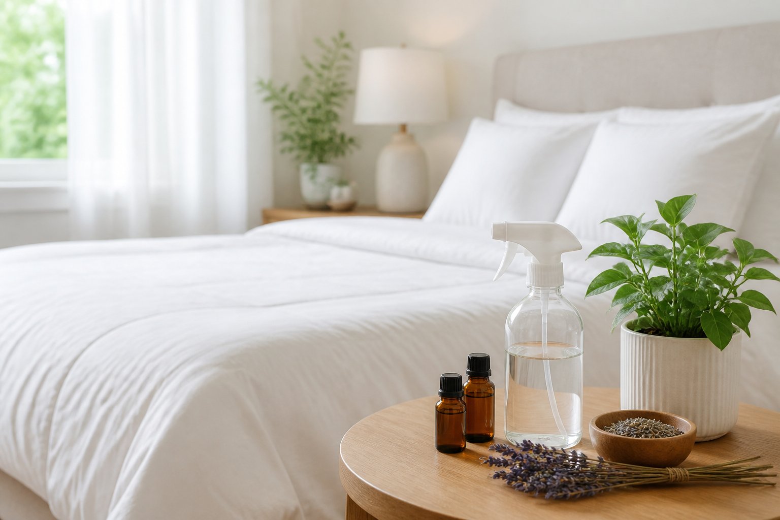 A bedroom with a neatly made bed and a table holding natural pest control items like essential oils and a spray bottle.